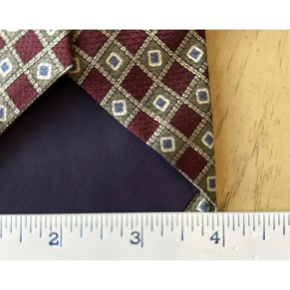 VTG Ralph Lauren Silk Tie Ivy League Geometric diamond square motif Burgundy USA